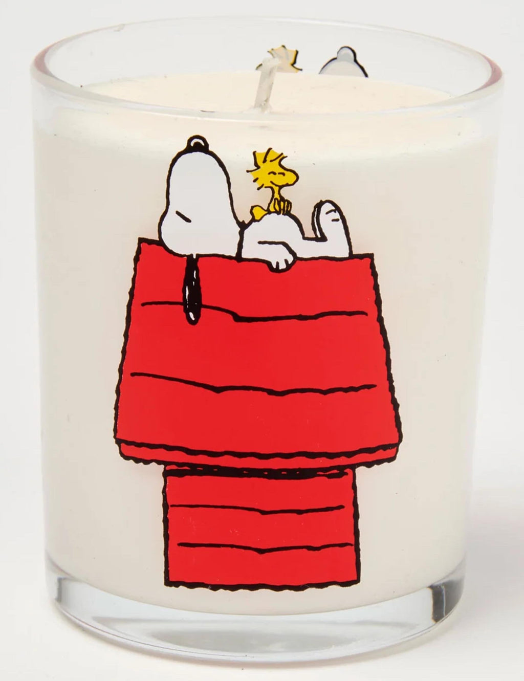 Snoopy Glass Candle - Relax Cool by Magpie — close-up of candle with Snoopy relaxing graphic