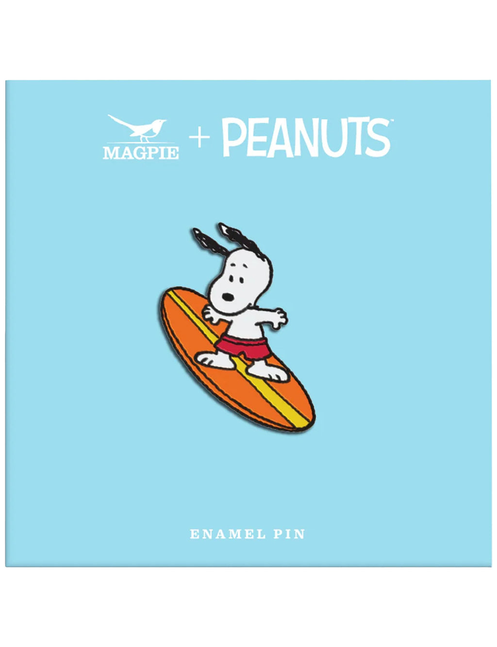 Enamel pin badge of Snoopy surfing on an orange surfboard with red collar