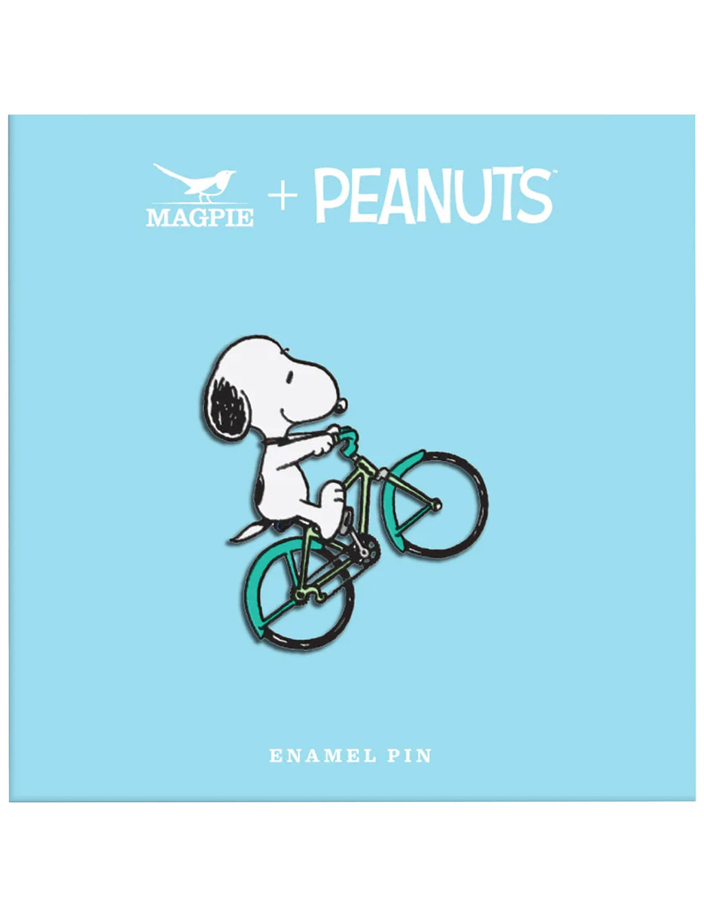 Snoopy enamel pin badge with Snoopy riding a green bicycle