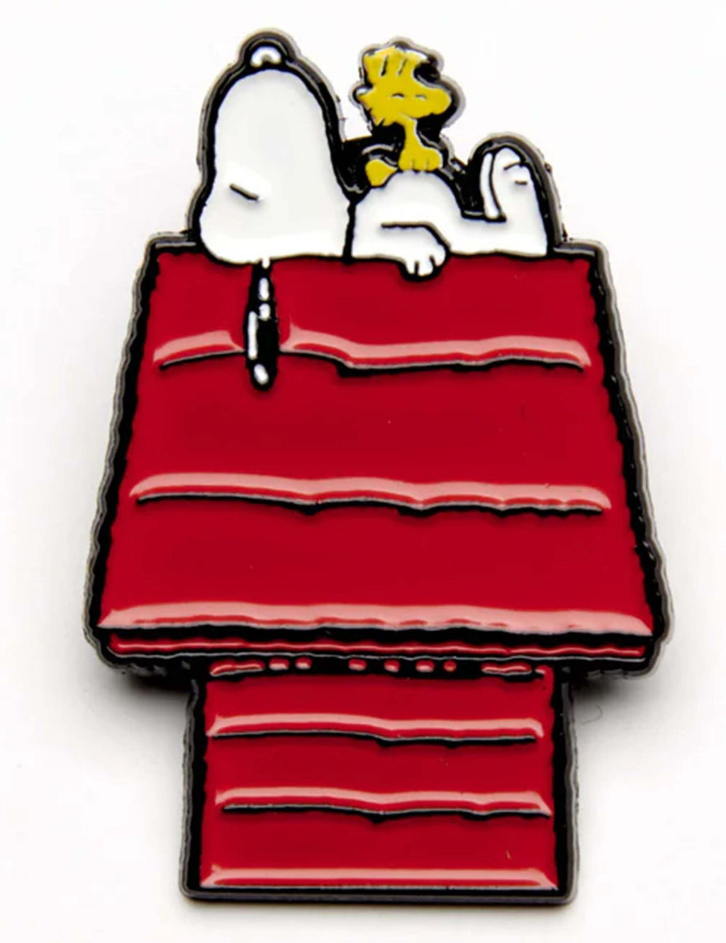 Snoopy peeking over red house enamel pin badge with yellow figure
