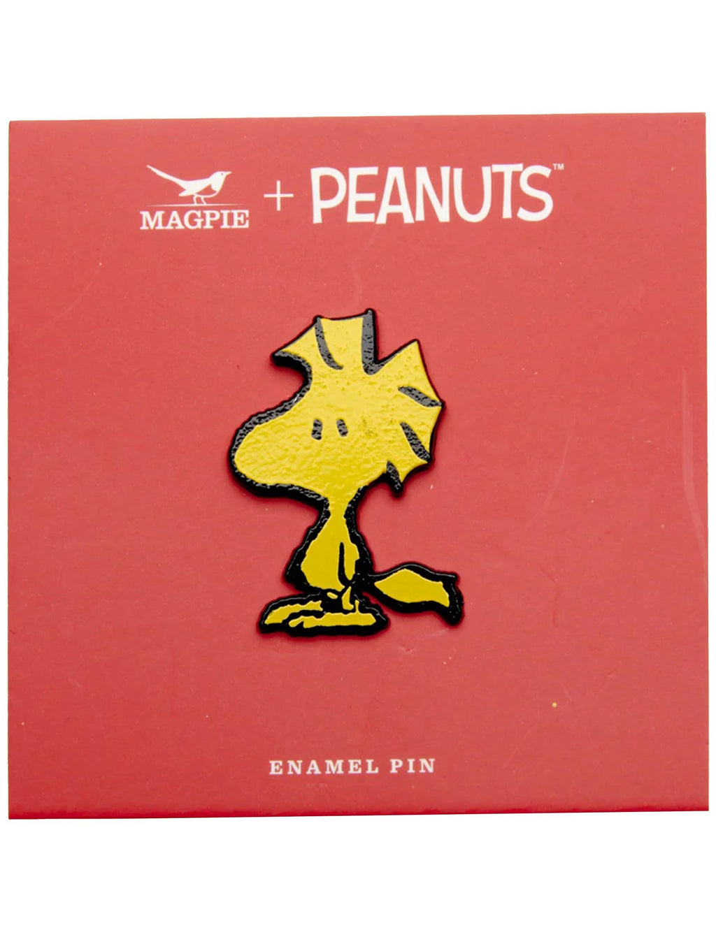 Snoopy enamel pin badge on red card backing, yellow Woodstock character