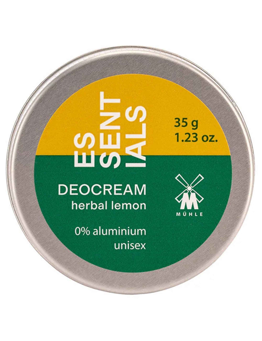 Deo cream tin with green and yellow herbal lemon label, 35 g, 0% aluminium