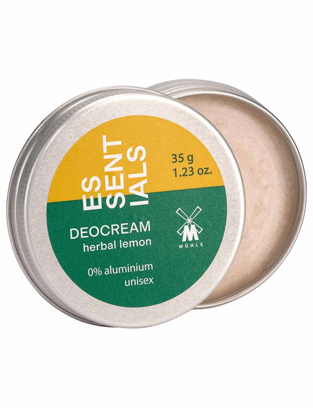 Deo cream tin set with lid open, herbal lemon label, 35 g, unisex