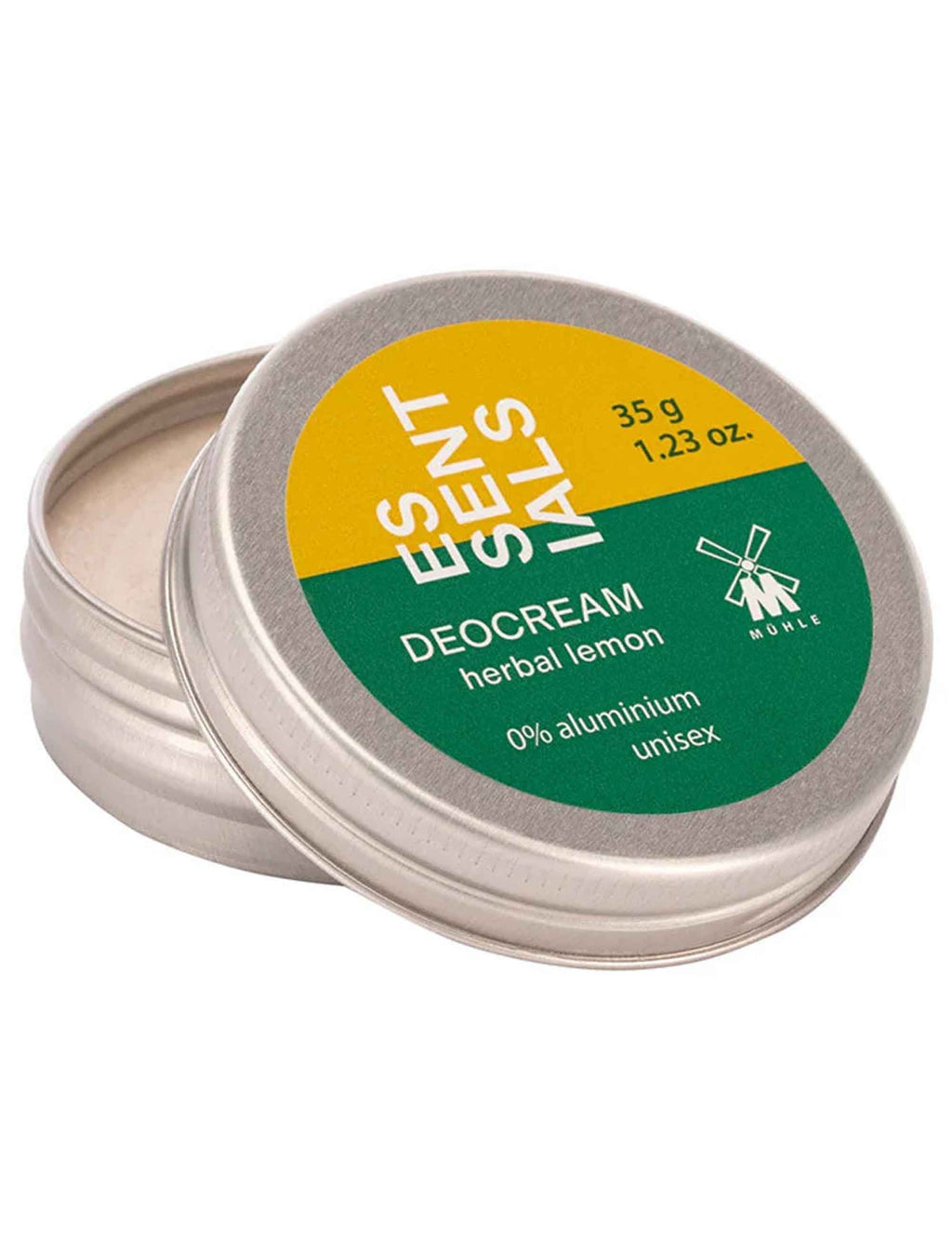 Deo cream tin with open lid and herbal lemon label, 35 g, unisex