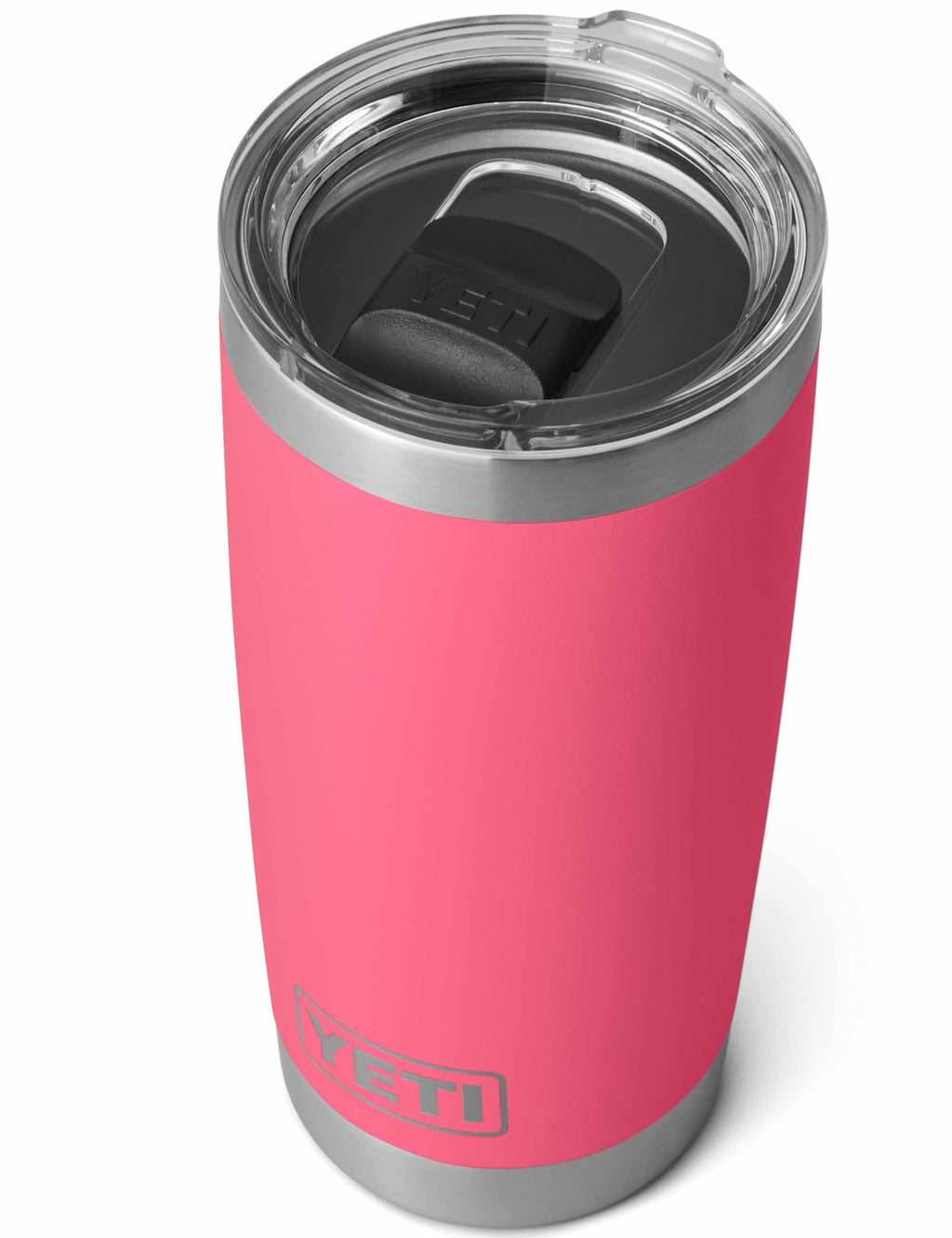 Rambler tumbler, Tropical Pink with open lid and YETI branding