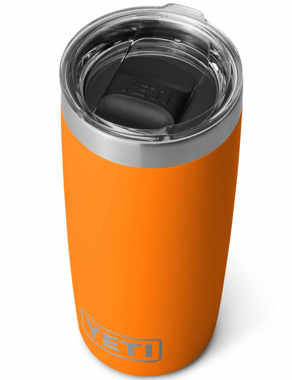 YETI Rambler tumbler 10oz orange, open stainless lid with black drink opening