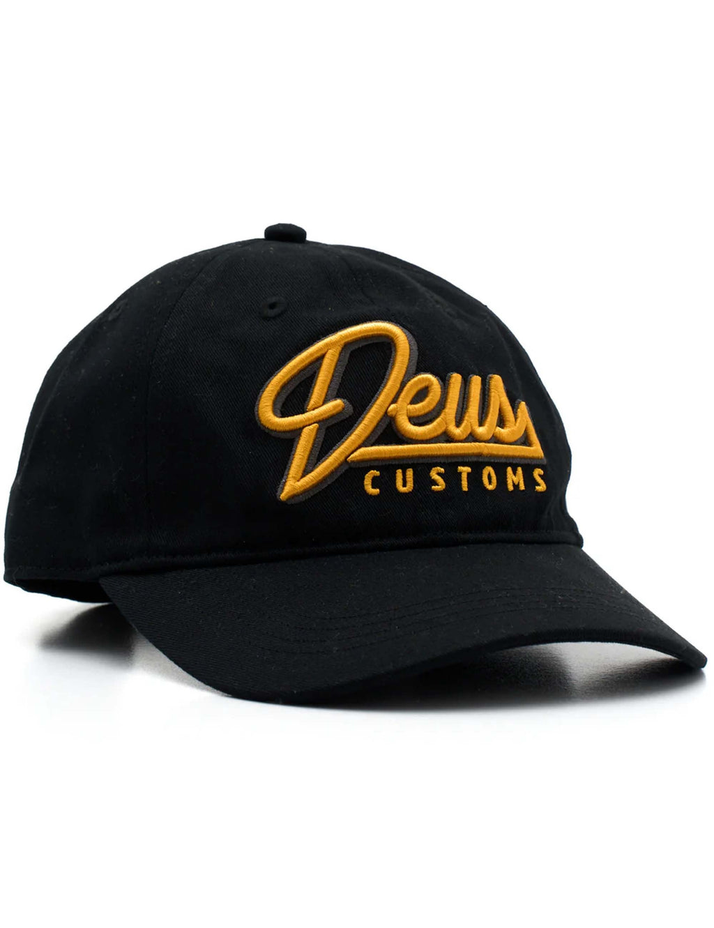 Black baseball cap with embroidered DEUS CUSTOMS logo on front