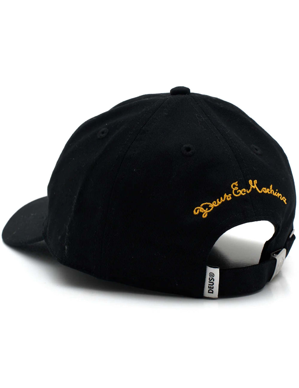 Black baseball cap with gold side embroidery and small fabric label on strap