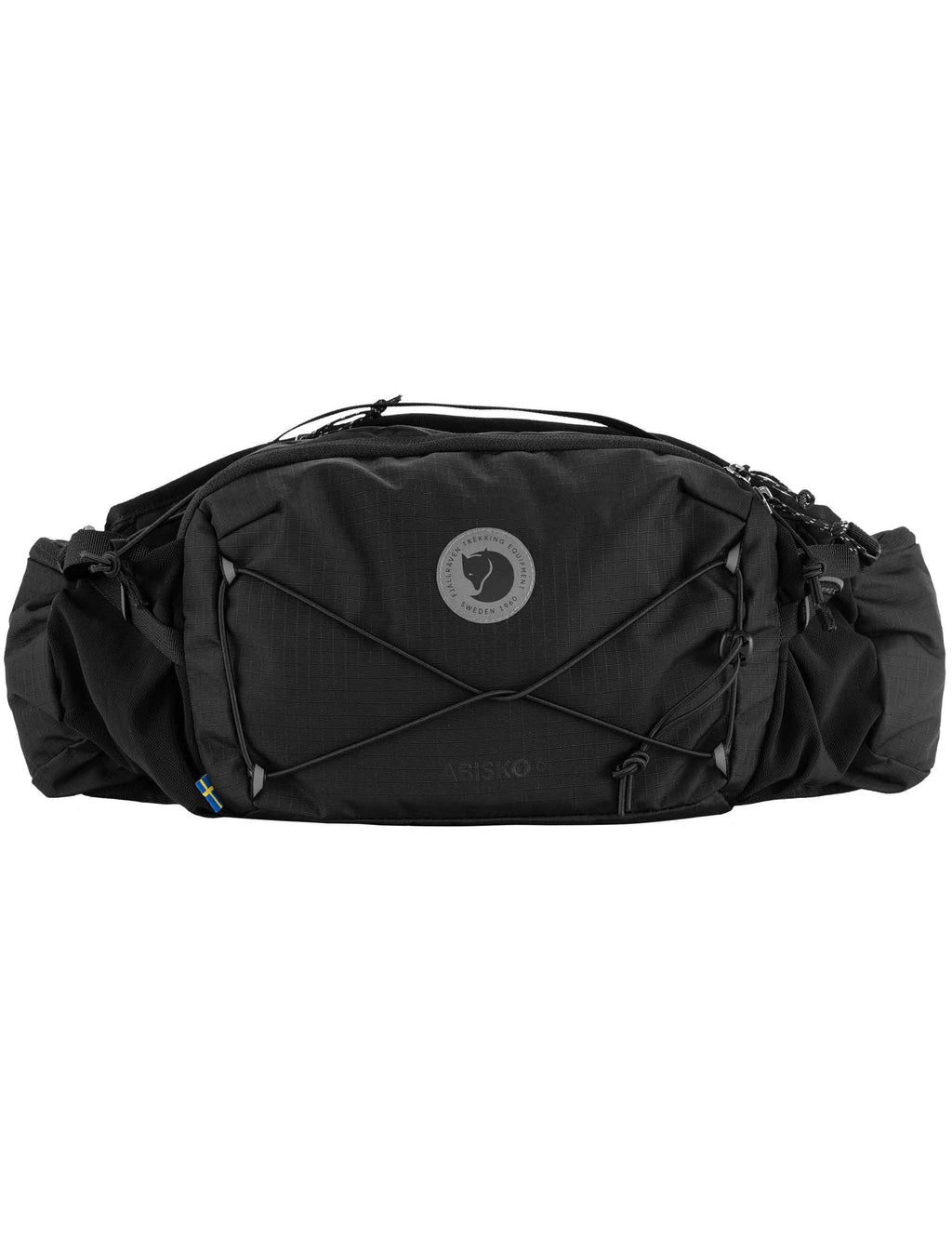 Black 6L hip pack with front zip pocket and adjustable side straps
