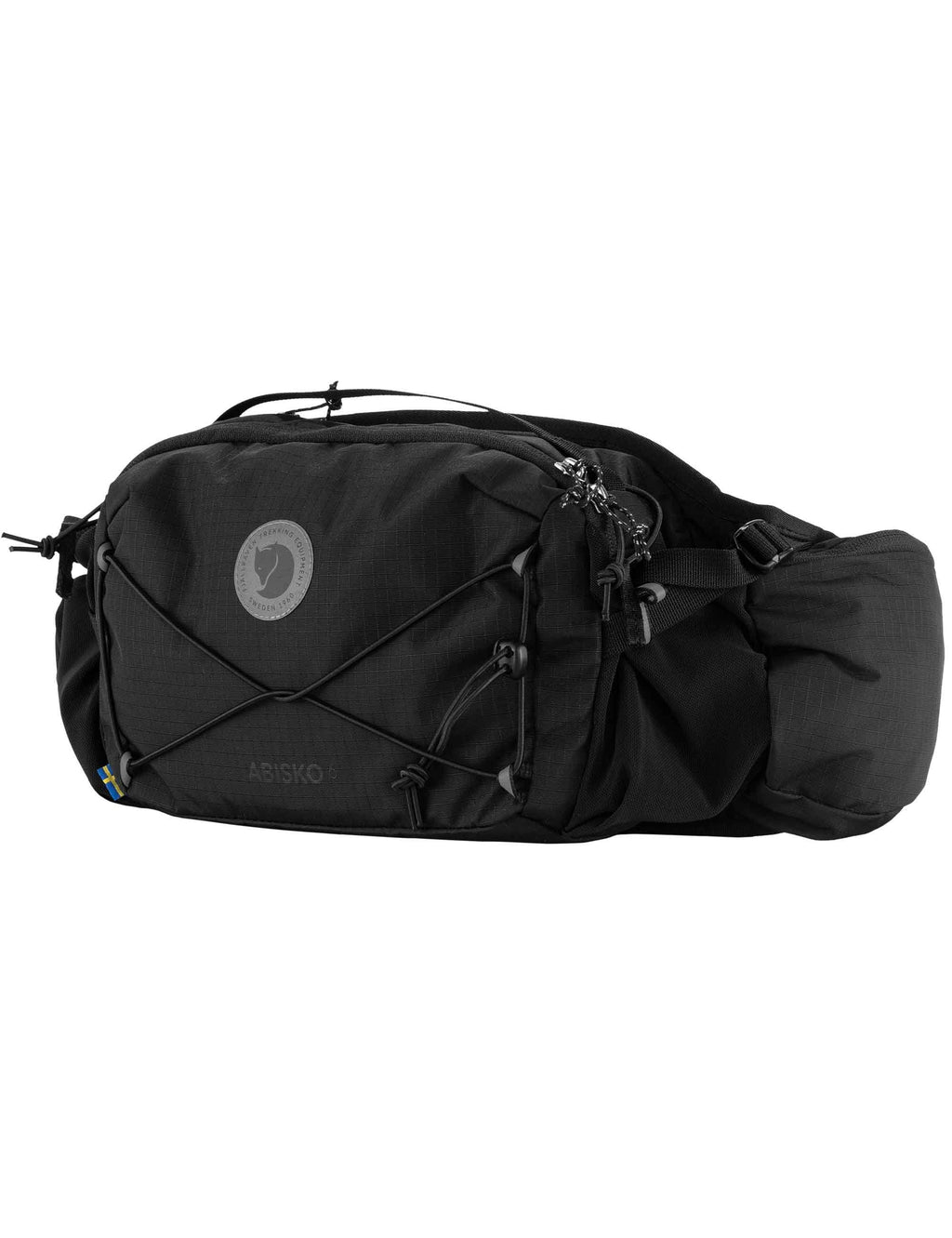 Black 6L hip pack with side zip, cords, and logo patch