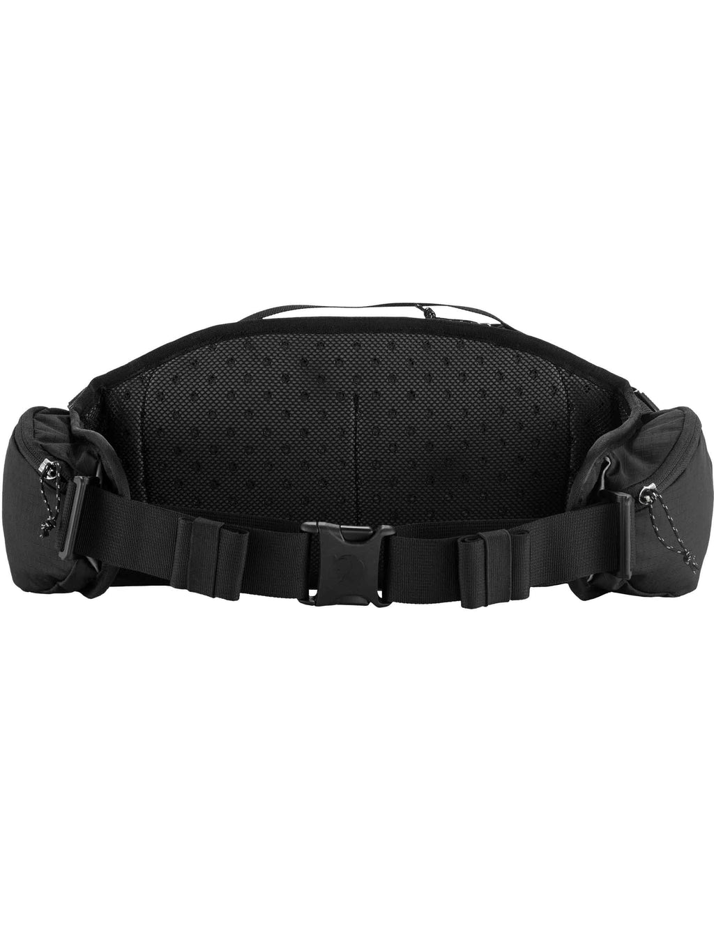 Black hip pack back panel with ventilated mesh and wide waist belt
