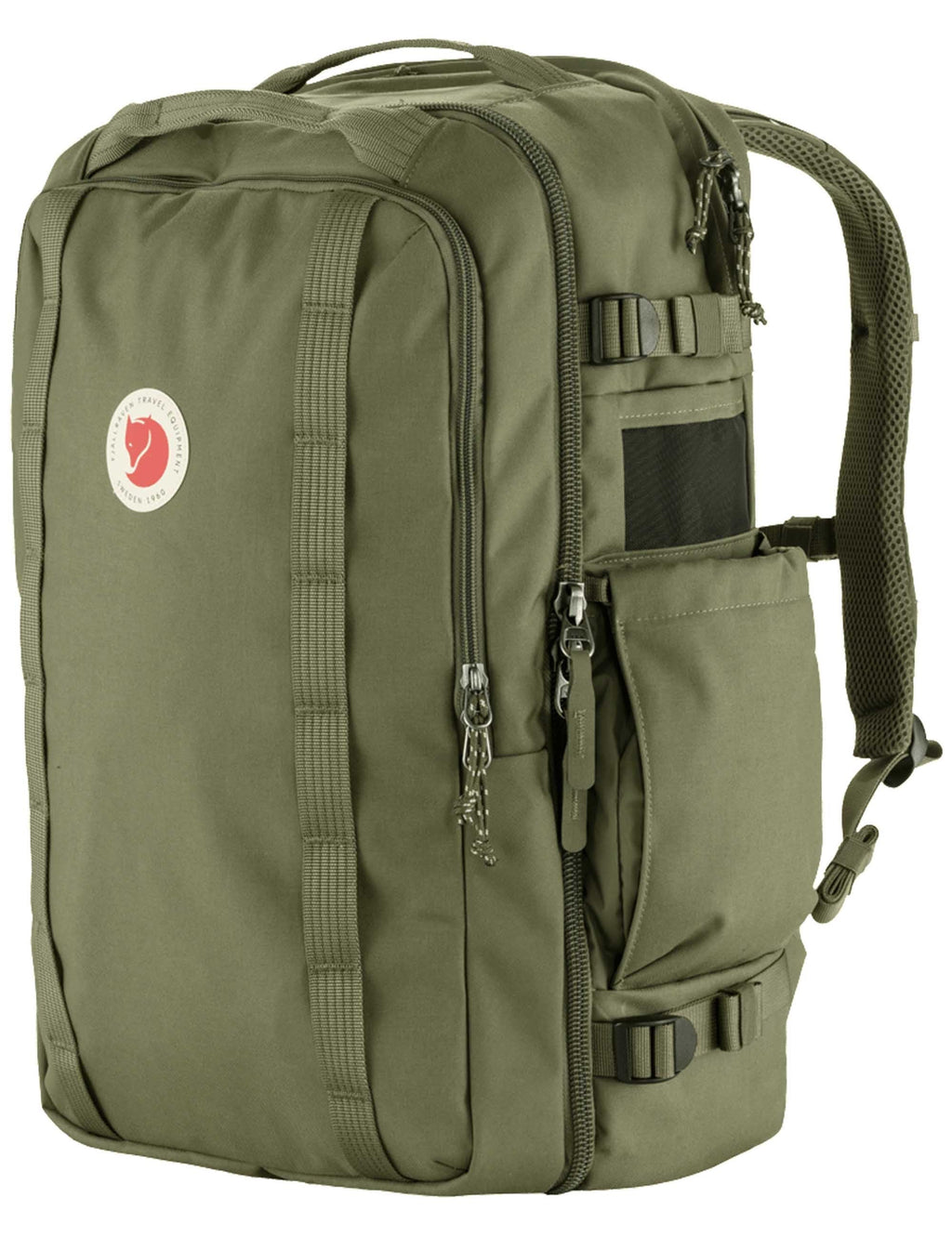 Farden carry-on pack 40L, green side view with multiple zip pockets and handle