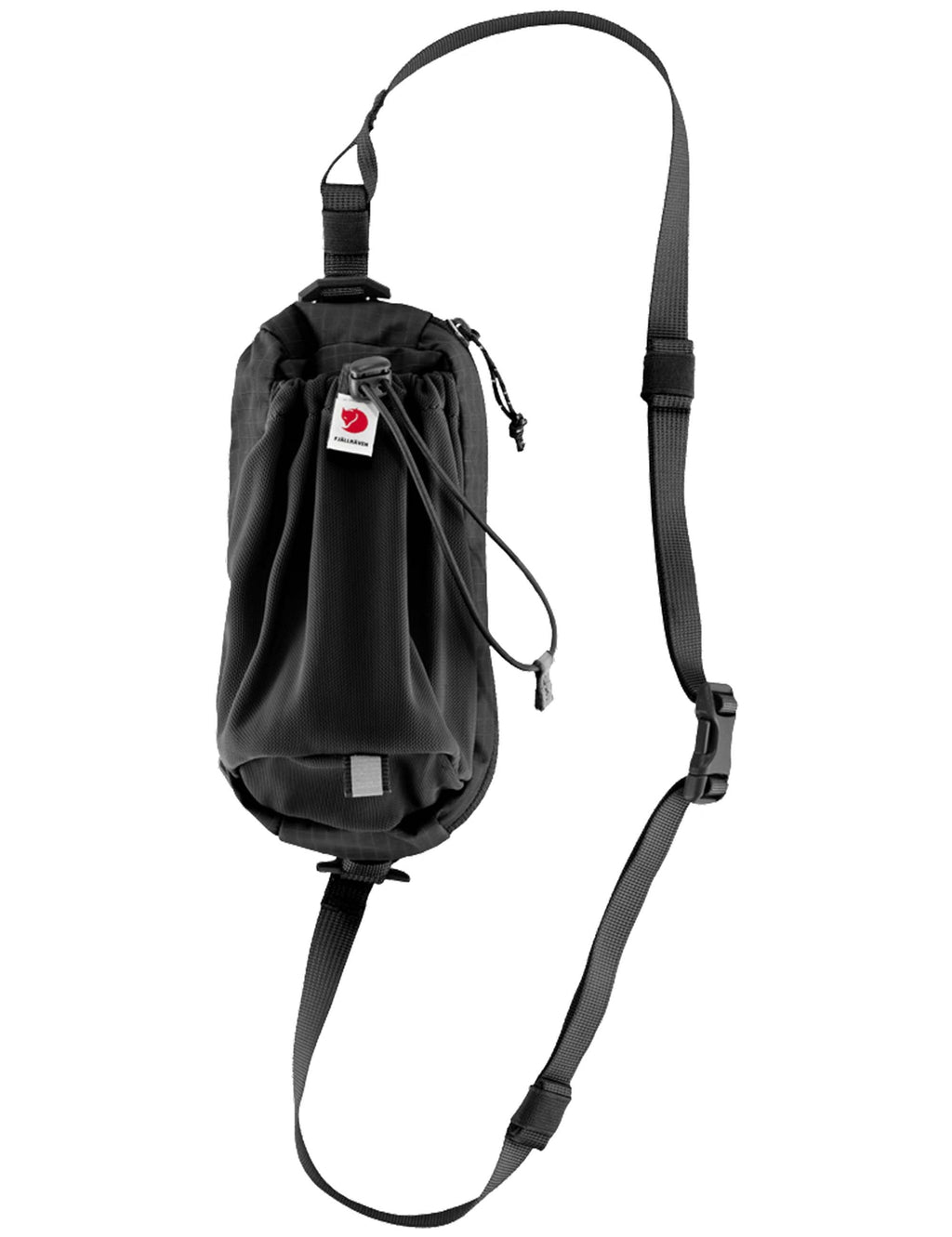 Abisko bottle pocket with drawstring top, shoulder strap, and front badge patch