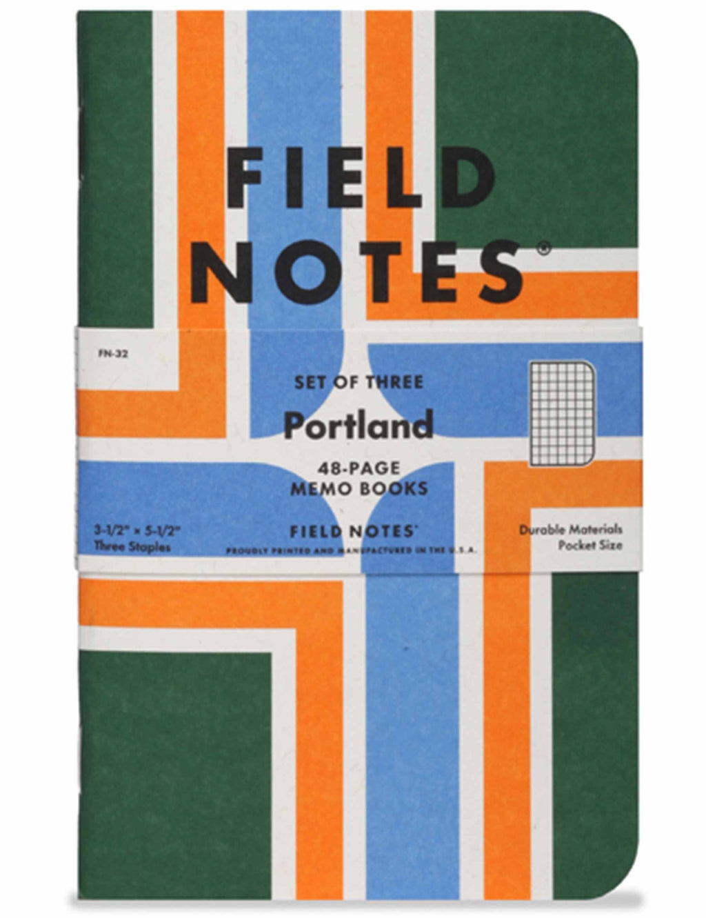 Graph memo book set with green, blue, and orange striped covers and FIELD NOTES text