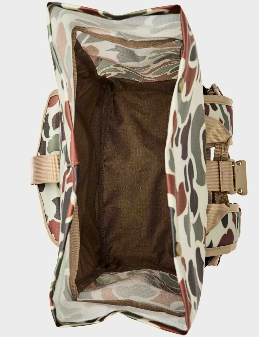 All-weather rolltop backpack open top showing brown fabric lining and side straps
