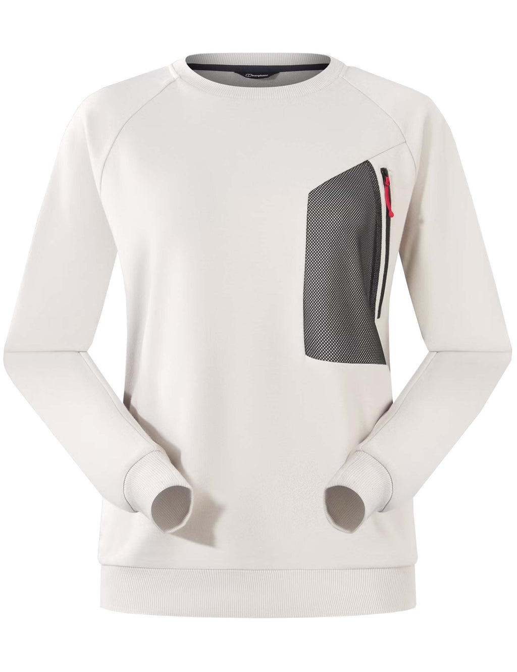Crewneck sweatshirt with dark front graphic panel and long sleeves.