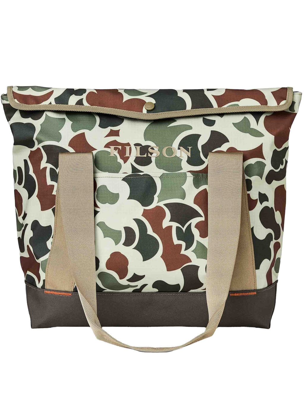 All-weather tote bag in shrub camo with tan handles and top snap pocket.