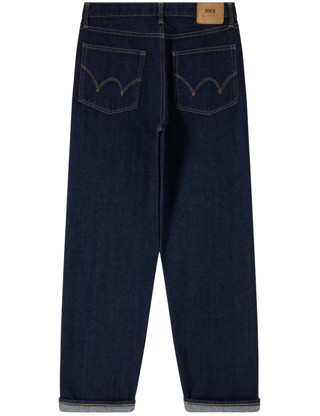 Loose blue selvedge jeans with dark wash, straight leg, back yoke and stitched pockets