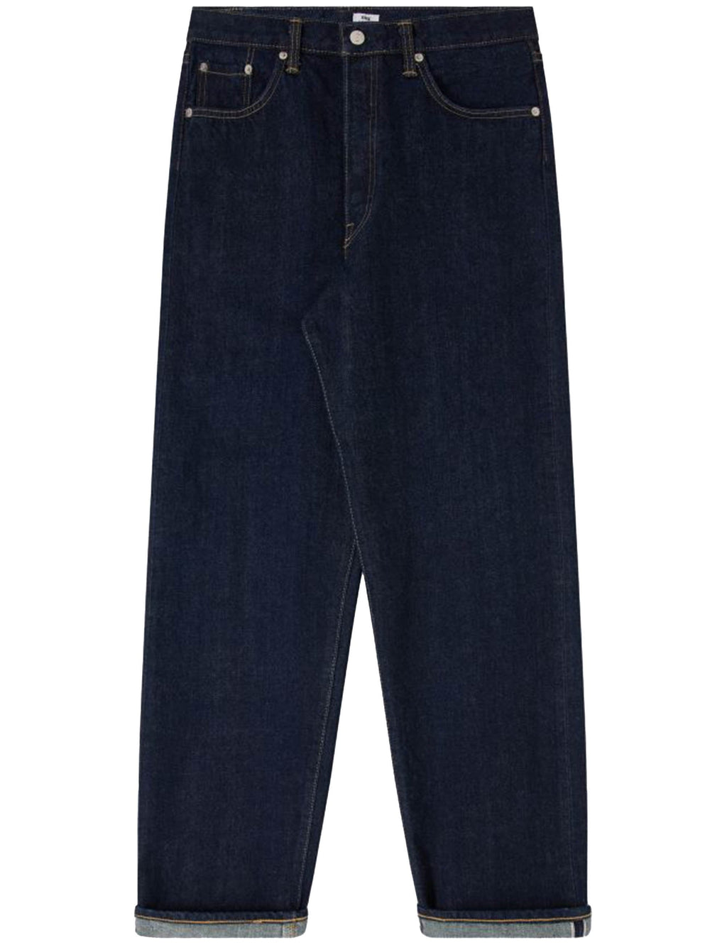 Loose blue selvedge jeans, button-fly front with angled pockets and belt loops