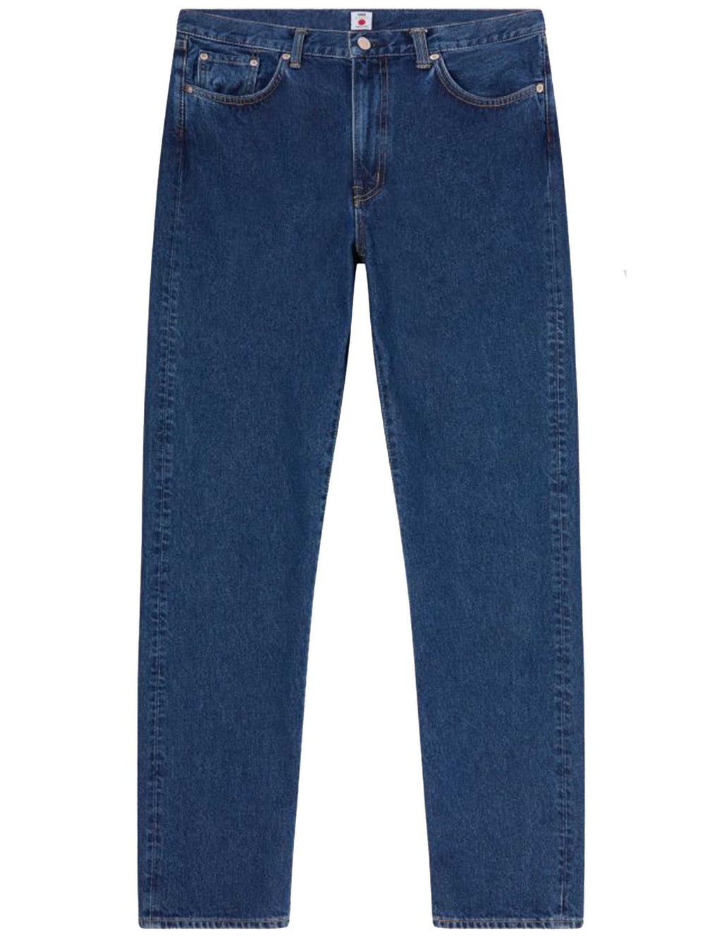 Mid-wash blue straight jeans with regular rise, button fly and five-pocket design