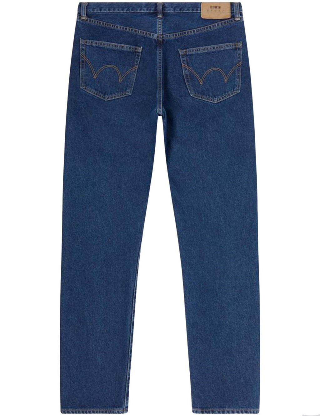 Mid-wash blue straight jeans, back view with two rear patch pockets