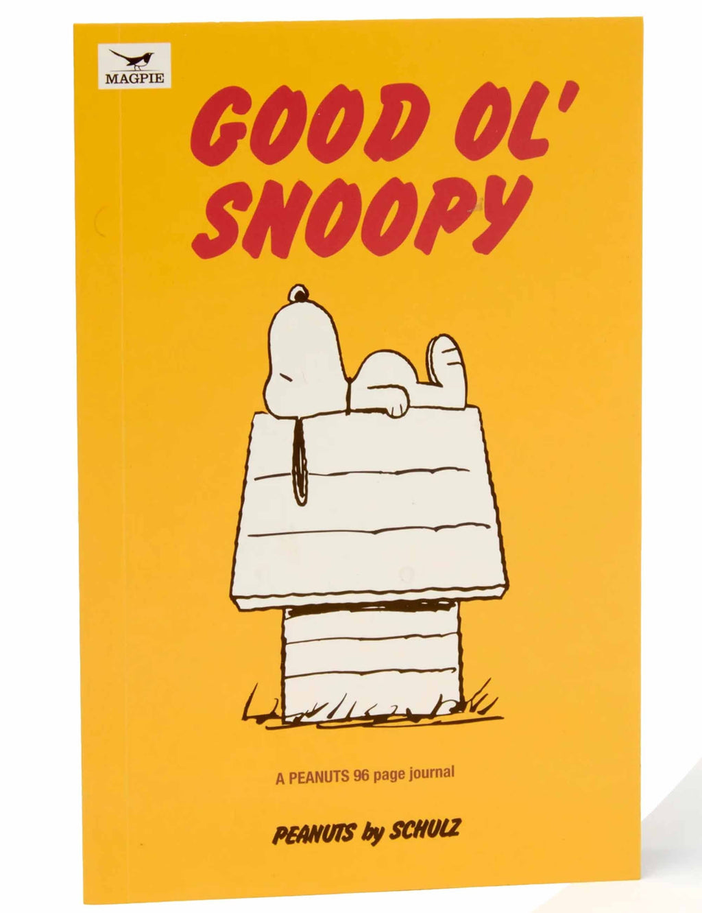 Good Ol' Snoopy journal with yellow cover, Snoopy reading, and red 'Good Ol' Snoopy' title