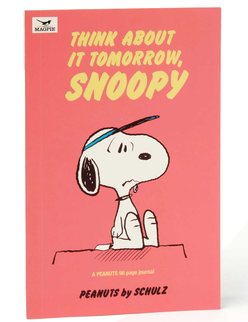 Pink Snoopy journal cover with Snoopy illustration and 'Think about it tomorrow' title text