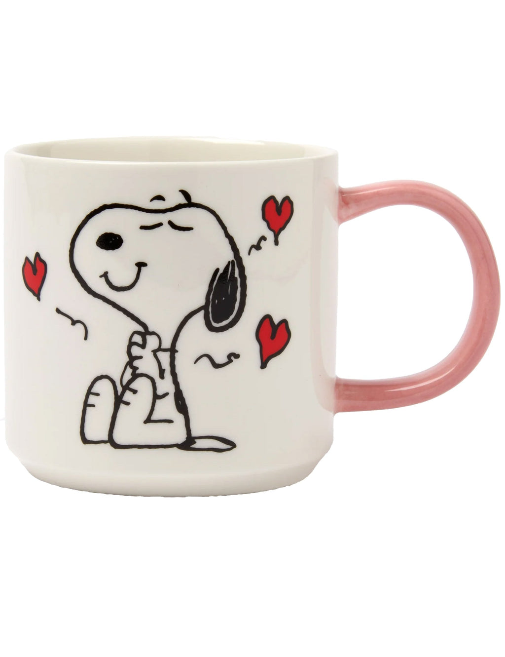 Snoopy mug with Snoopy illustration, red hearts, and pink handle