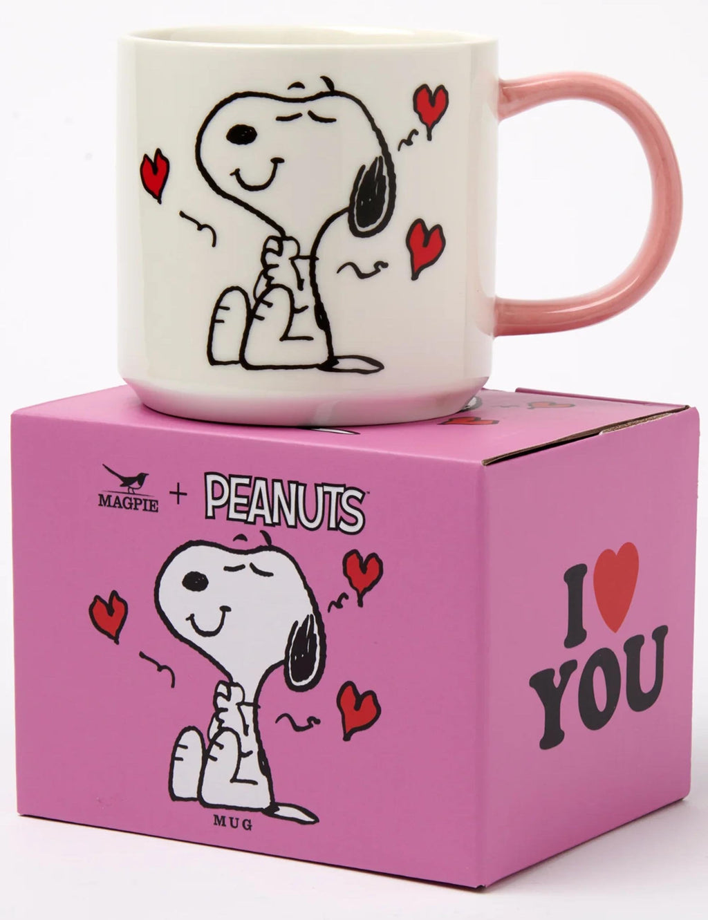 Snoopy mug with seated Snoopy, red hearts, and pink side handle