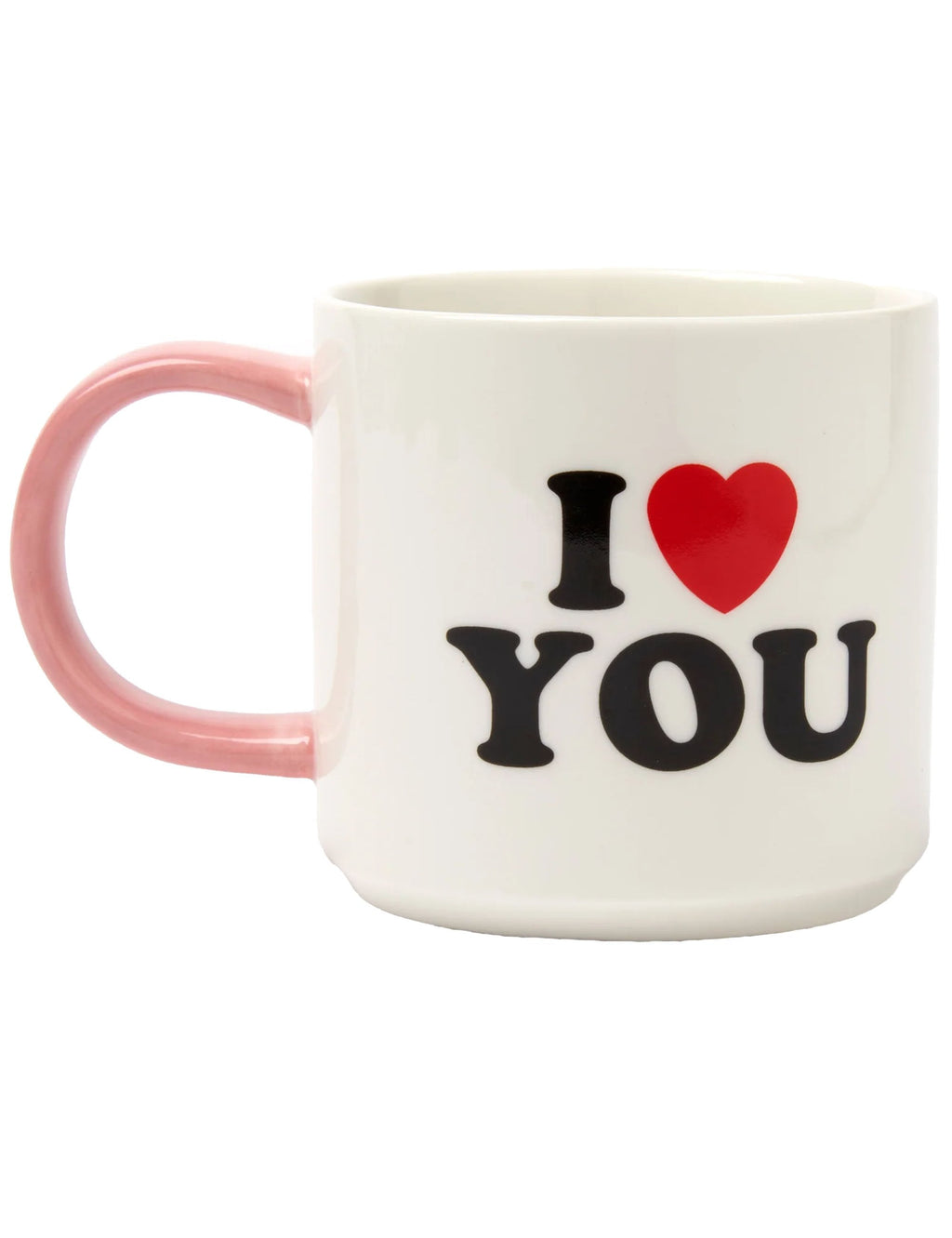 Snoopy mug reading I ♥ YOU with red heart and pink handle