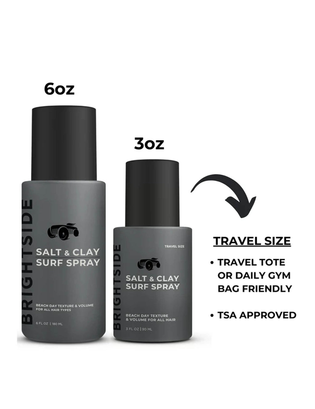Salt + Clay hair surf spray bottles, 6oz and 3oz travel size, black caps