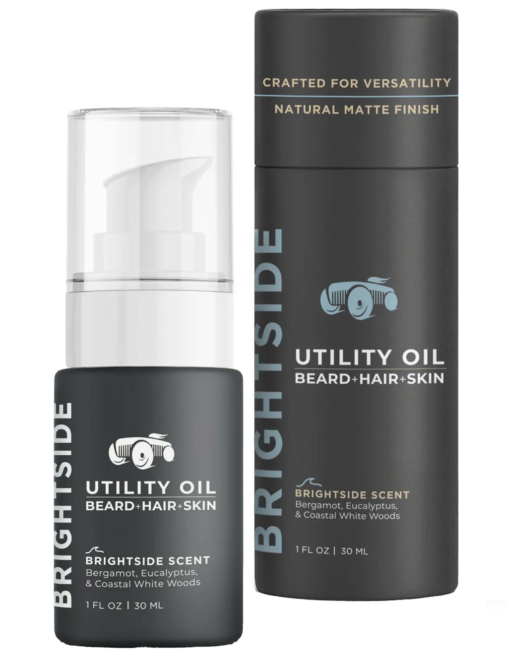 Utility oil for beard, hair, and skin in black 29 ml bottles with clear caps