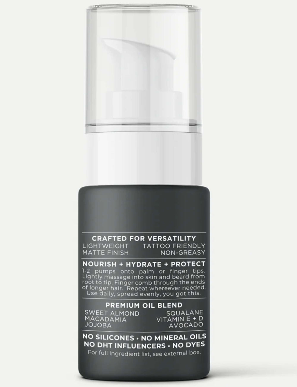 Utility oil back label on black bottle with clear top, listing oils and no dyes