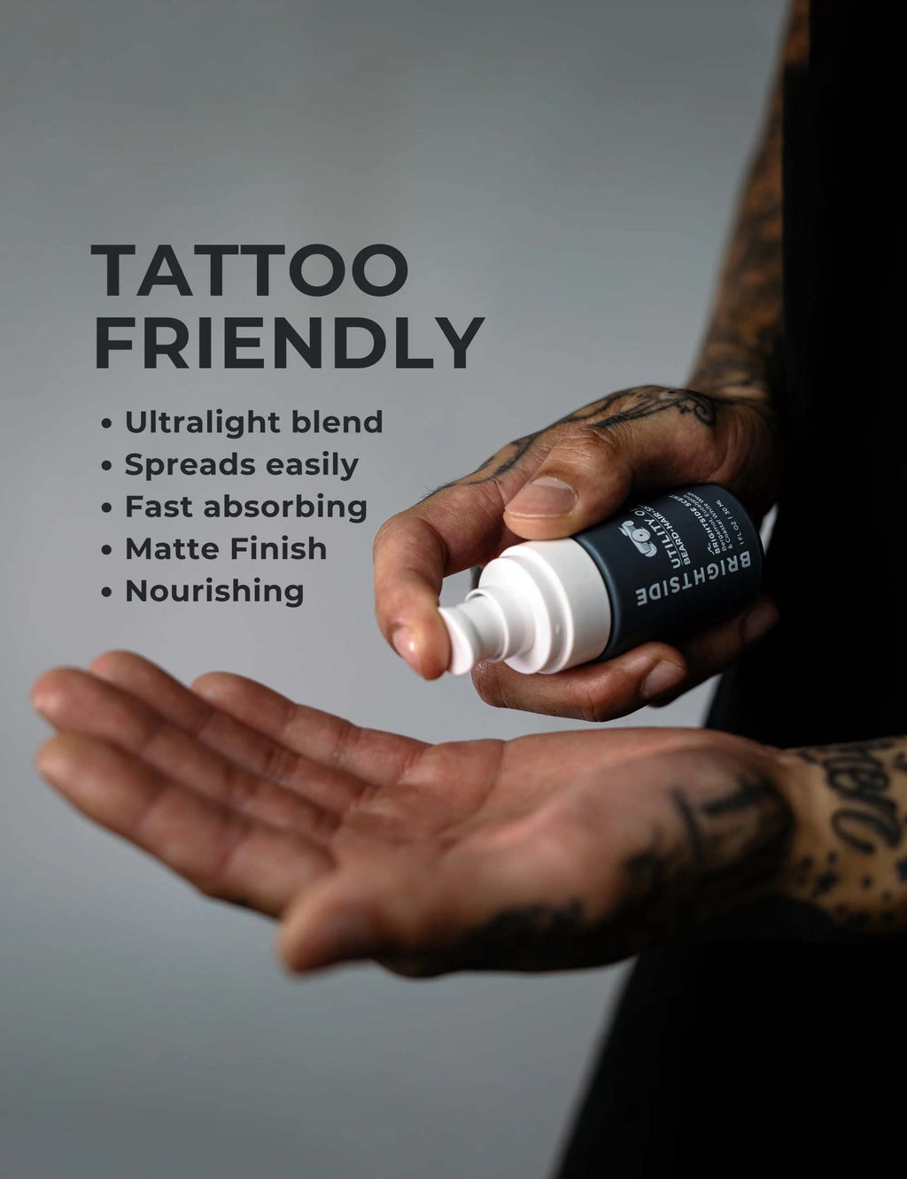 Utility oil on tattooed skin from a black bottle with white pump