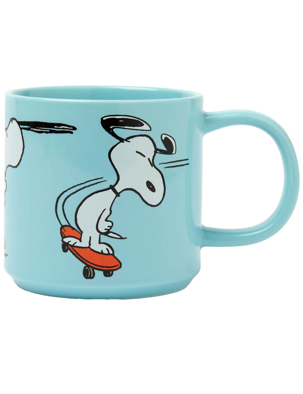 Turquoise Snoopy skateboard mug with Snoopy on red skateboard