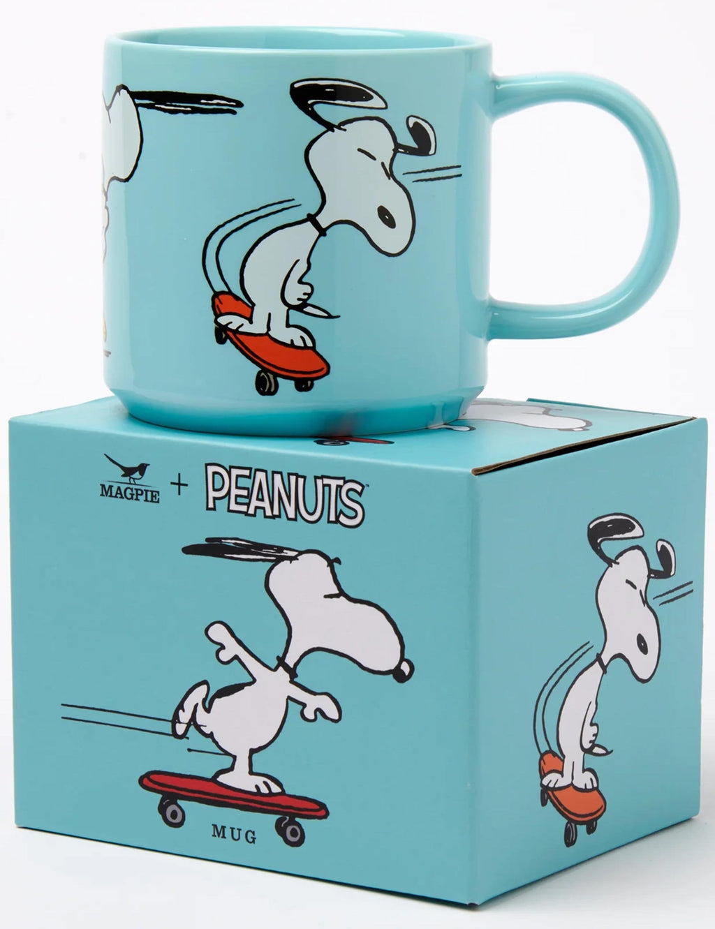 Turquoise Snoopy skateboard mug with Snoopy on red skateboard, with box