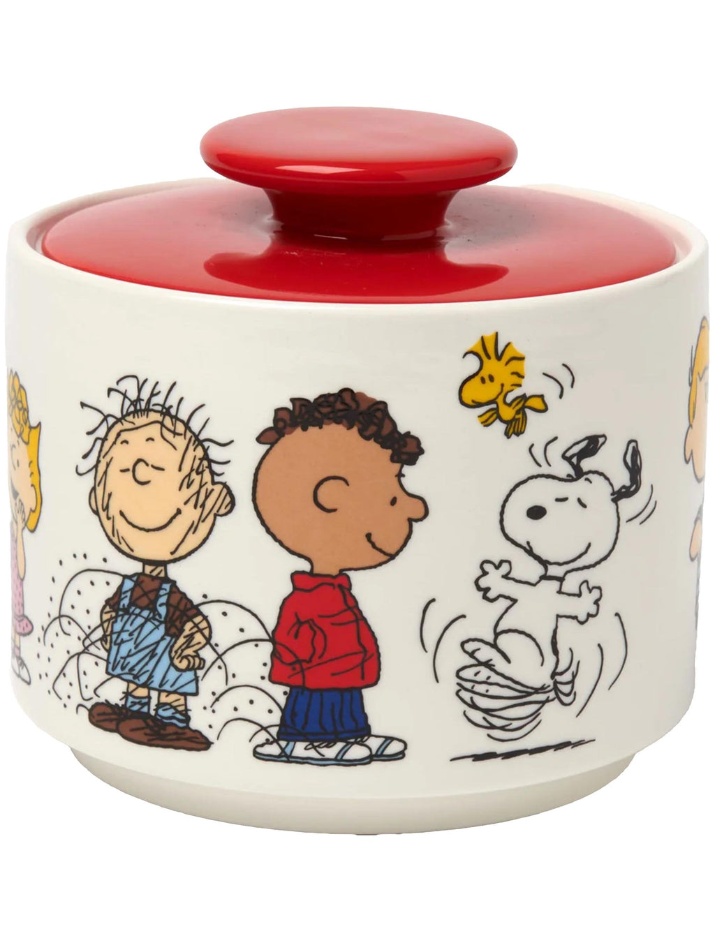 Candy jar with red lid and Peanuts characters on white ceramic, illustrated side