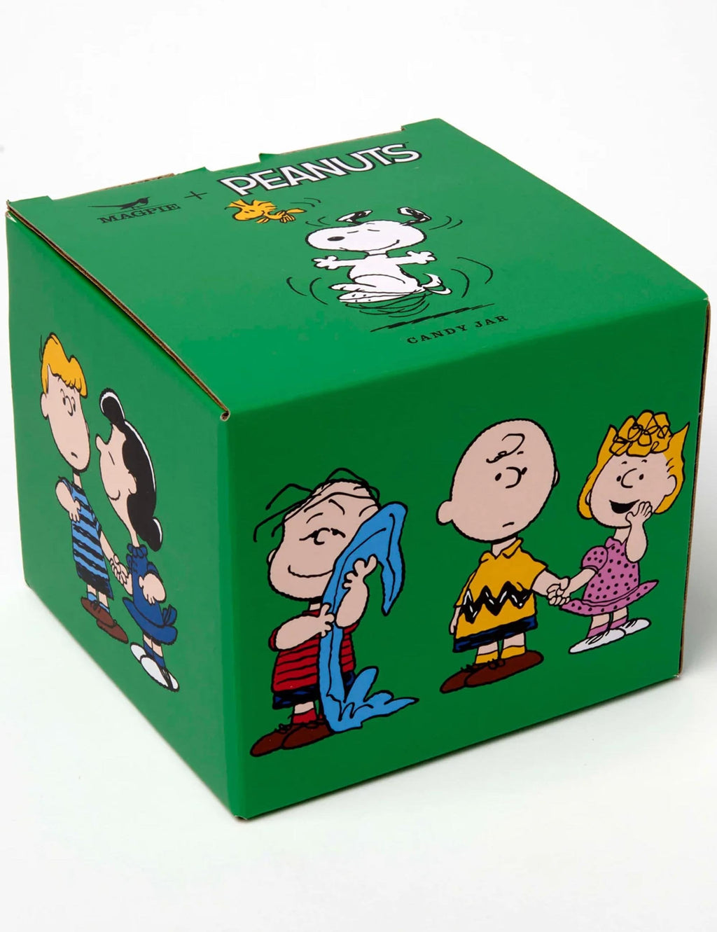 Green Peanuts snack box with character illustration and 'PEANUTS' text
