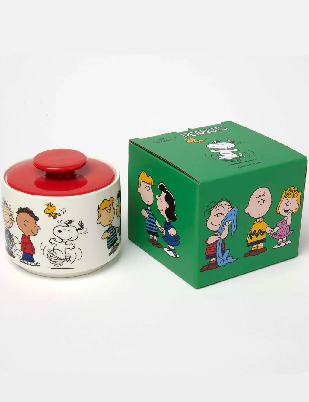 Candy jar with red lid and Peanuts character print, with green gift box