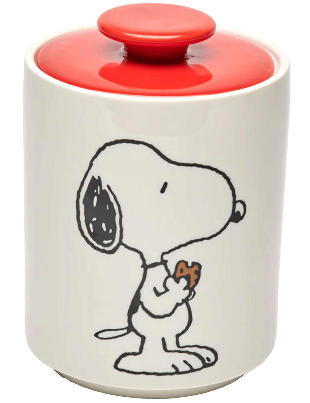 Cookie jar with red lid, white body, Snoopy holding a cookie illustration.