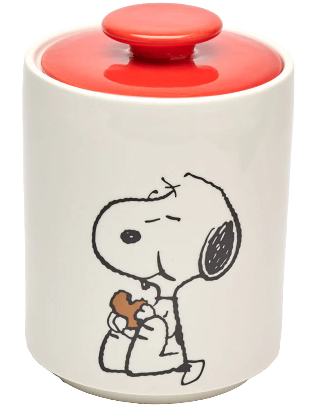 Cookie jar with red lid, white body, Snoopy holding a cookie treat illustration.