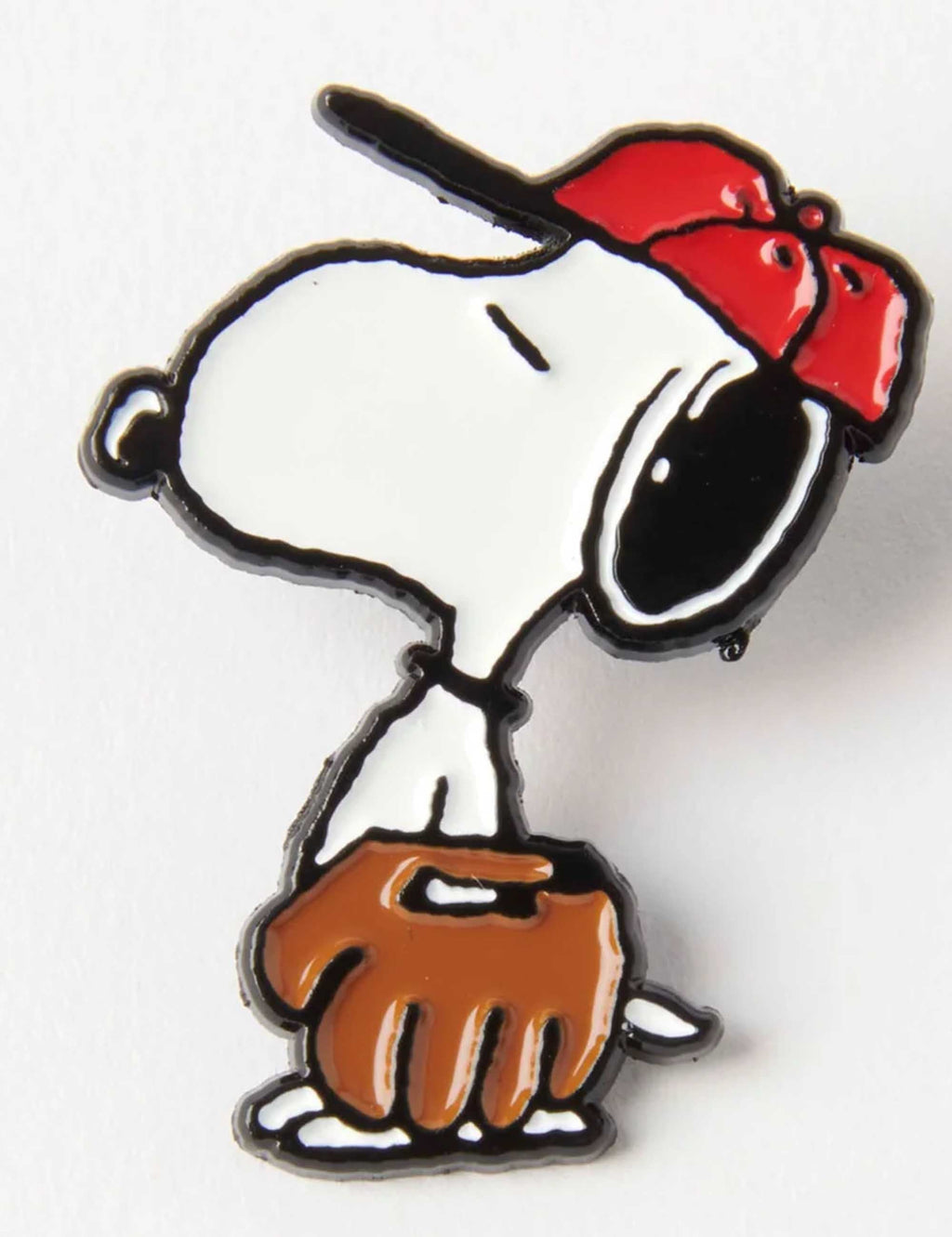 Snoopy baseball enamel pin badge close-up with red cap and orange glove