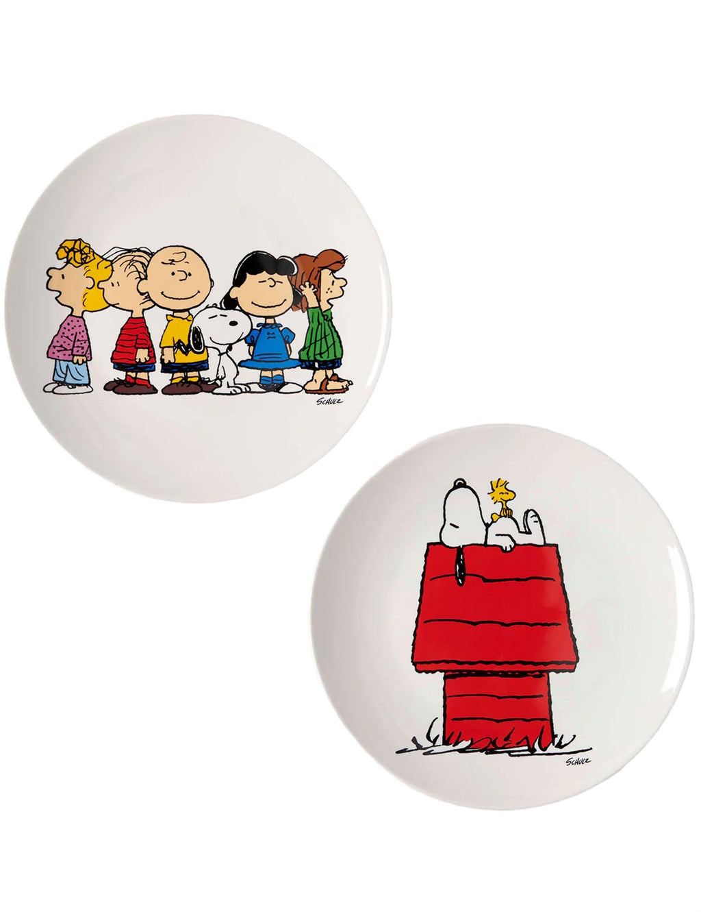 Two round Snoopy and Gang plates with cartoon character scenes, white