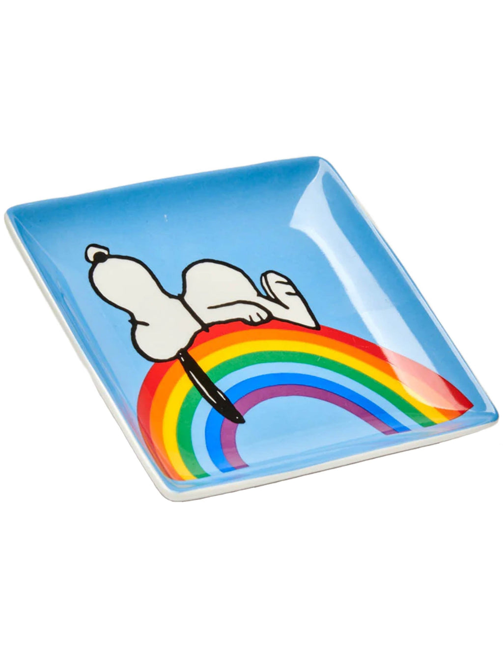 Light blue trinket tray with Snoopy leaning on a rainbow graphic