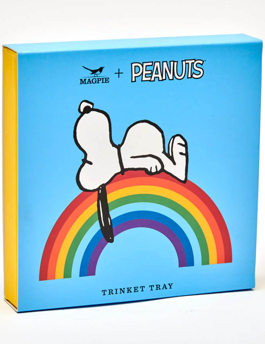 Blue trinket tray box with MAGPIE + PEANUTS and Snoopy over rainbow