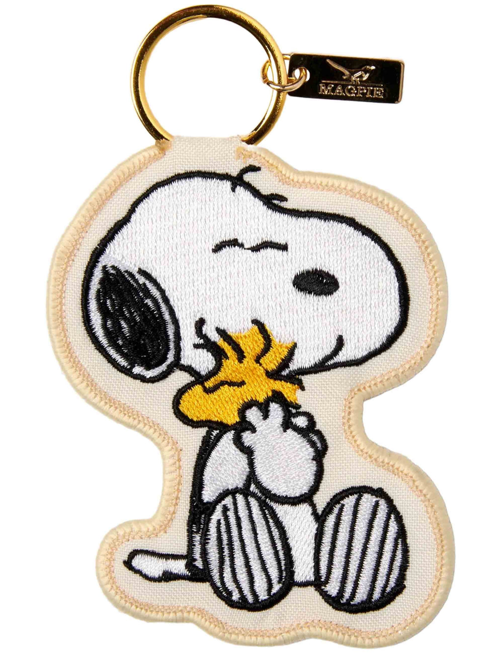 Snoopy key charm hug character patch with gold-tone ring and black clasp
