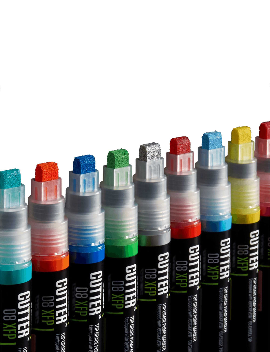 Cutter 8mm XFP paint pens standing upright with multiple ink colors