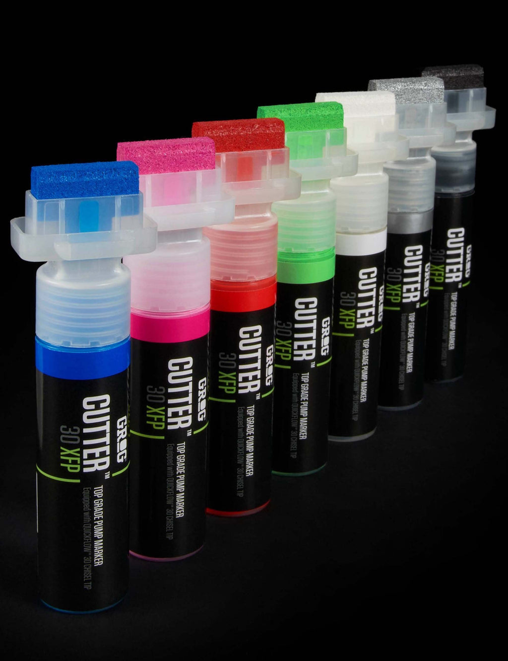 Assorted 30mm XFP paint pens with translucent chisel tips arranged in a row