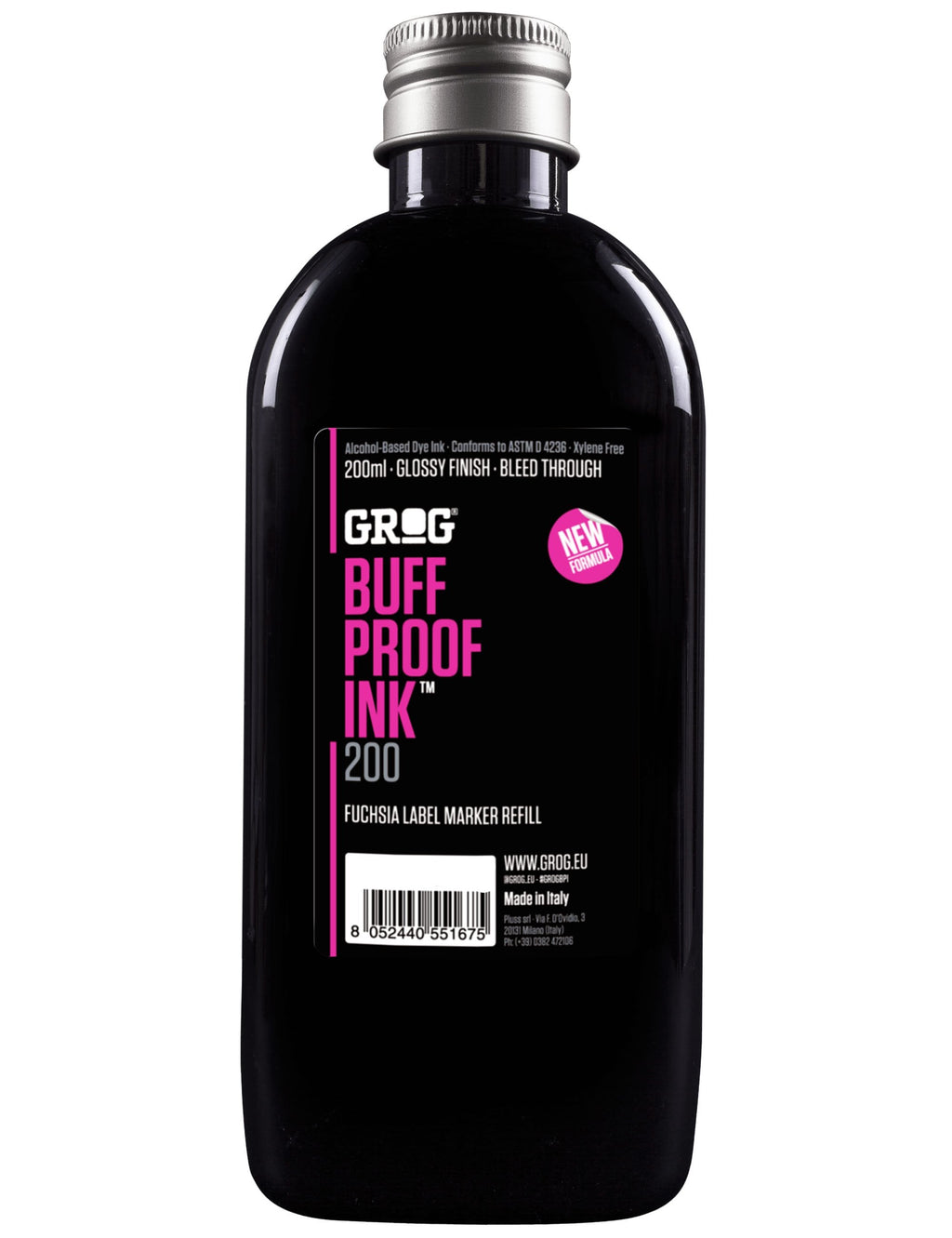 Buff Proof Ink refill bottle, 200ml, Splatter Red label on dark bottle
