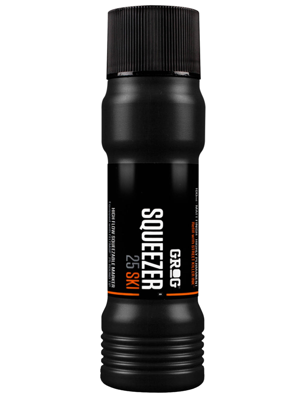 Ink squeezer marker bottle with ribbed cap, dark Death Black ink